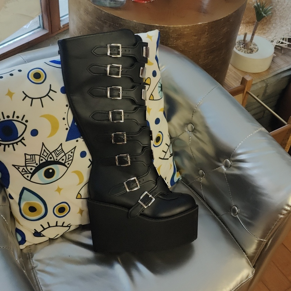 Black Buckle-Detail Knee-High Women's Boots